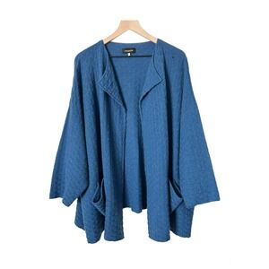 Eskandar Blue Textured Cashmere Knit Oversized Open Front Cardigan One Size